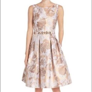 Eliza J | Metallic Gold Dress | Fit & Flare | Belted | Size 4